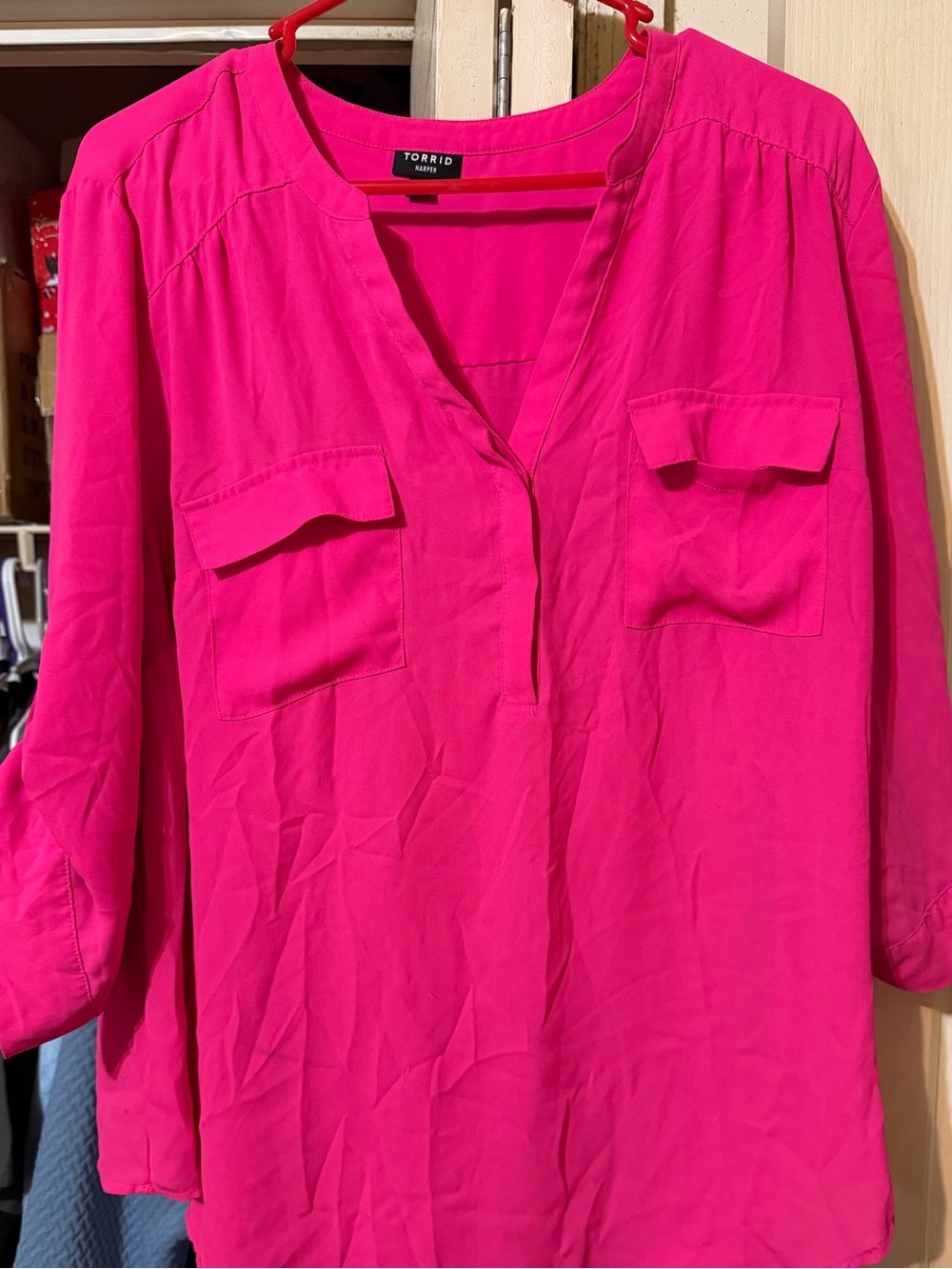 torrid Hot Pink Split-Neck Blouse with Chest Pockets